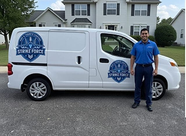 Strike Force technician with a branded service van